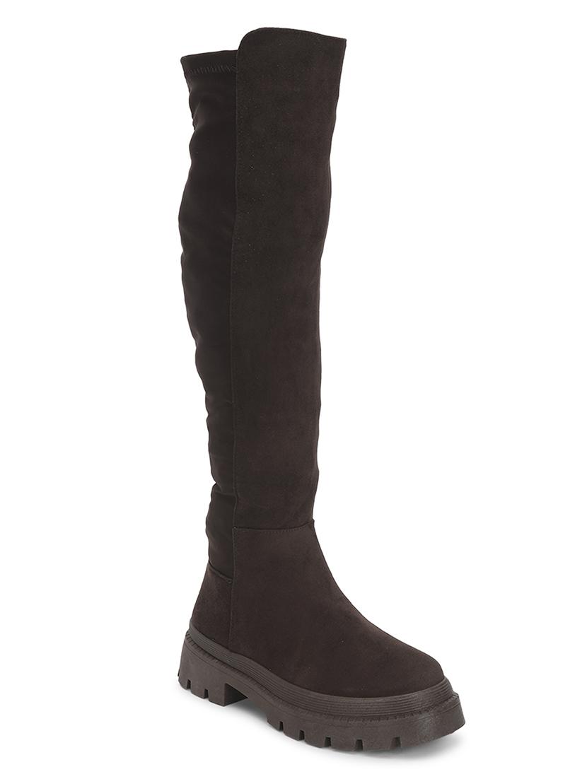 women solid brown knee length suede zipper boots - 21539162 -  Zoom Image - 0