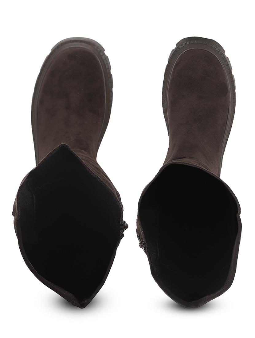women solid brown knee length suede zipper boots - 21539162 - Standard Image - 3