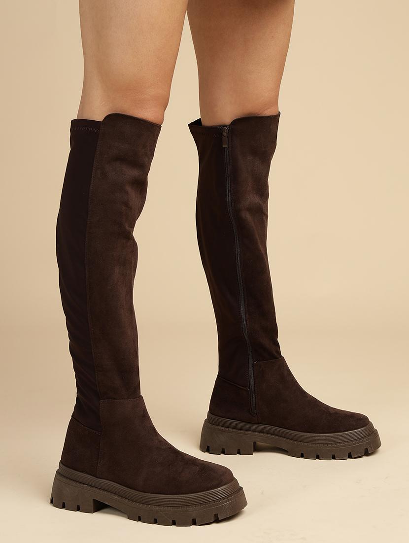 women solid brown knee length suede zipper boots - 21539162 - Standard Image - 5