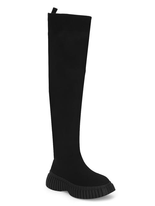 women solid black knee length boots - 21539163 - Standard Image - 0