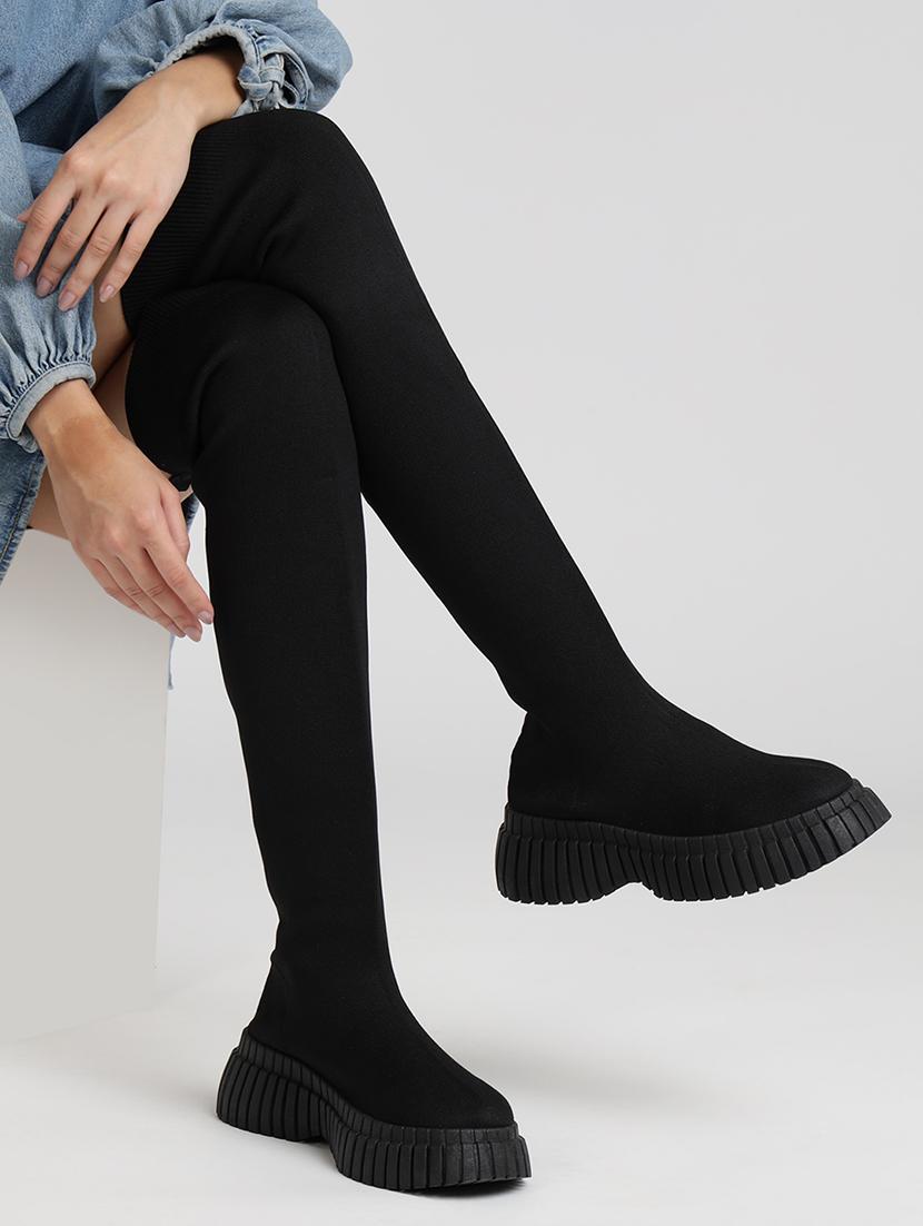 women solid black knee length boots - 21539163 - Standard Image - 5