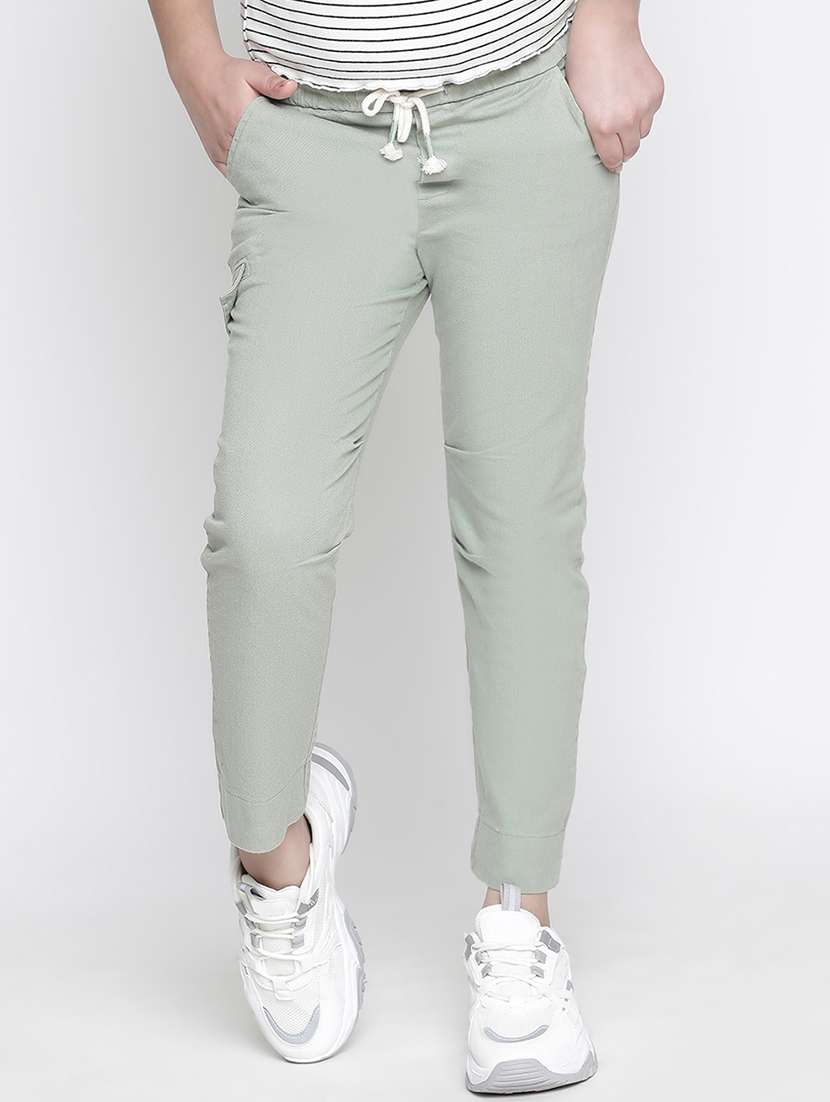 girls green solid casual trouser