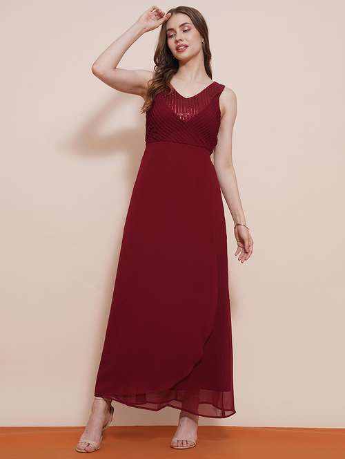 globus women maroon v-neck sequinned pintuck fit & flare maxi party dress - 21540015 - Standard Image - 0