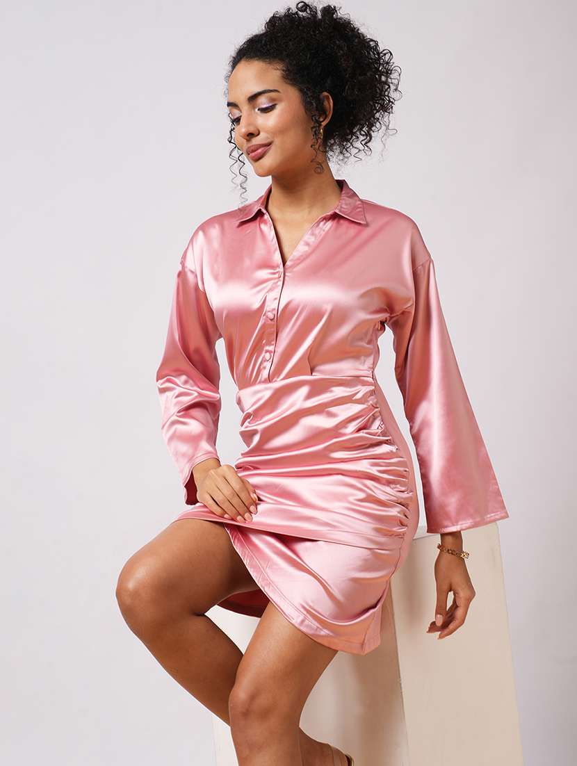 globus women pink satin shirt collar bell sleeves ruched tulip hem mini bodycon party dress - 21540020 -  Standard Image - 3