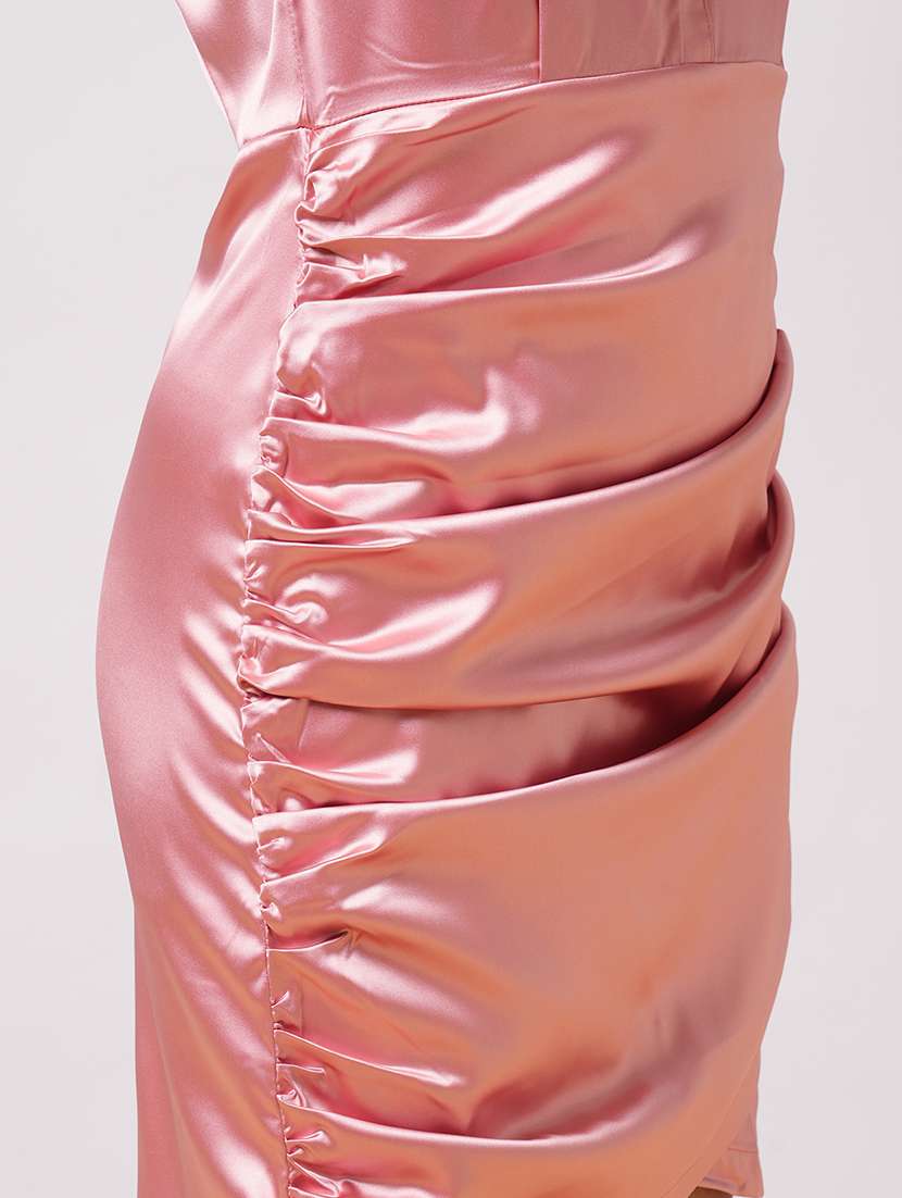 globus women pink satin shirt collar bell sleeves ruched tulip hem mini bodycon party dress - 21540020 -  Standard Image - 5