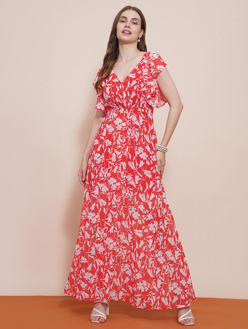 globus women red wrap neck strappy flutter sleeves floral printed front slit fit & flare maxi dress - 21540022 - Zoom Image - 0