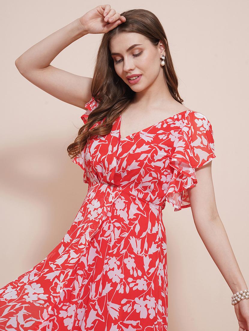 globus women red wrap neck strappy flutter sleeves floral printed front slit fit & flare maxi dress - 21540022 - Standard Image - 3