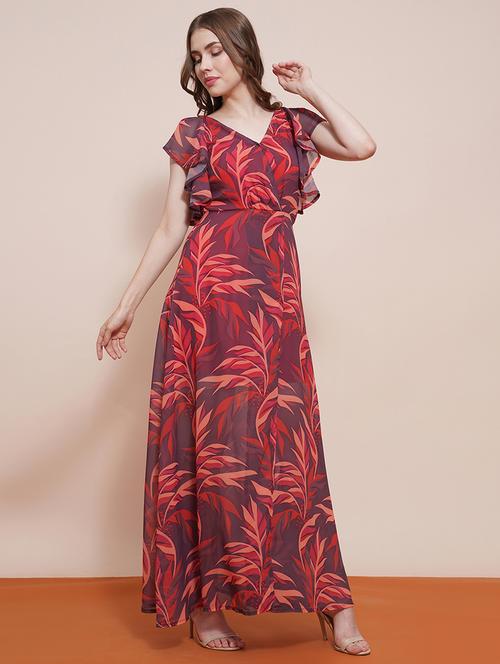 globus women brown wrap neck strappy flutter sleeves tropical printed front slit fit & flare maxi party dress - 21540023 - Standard Image - 0
