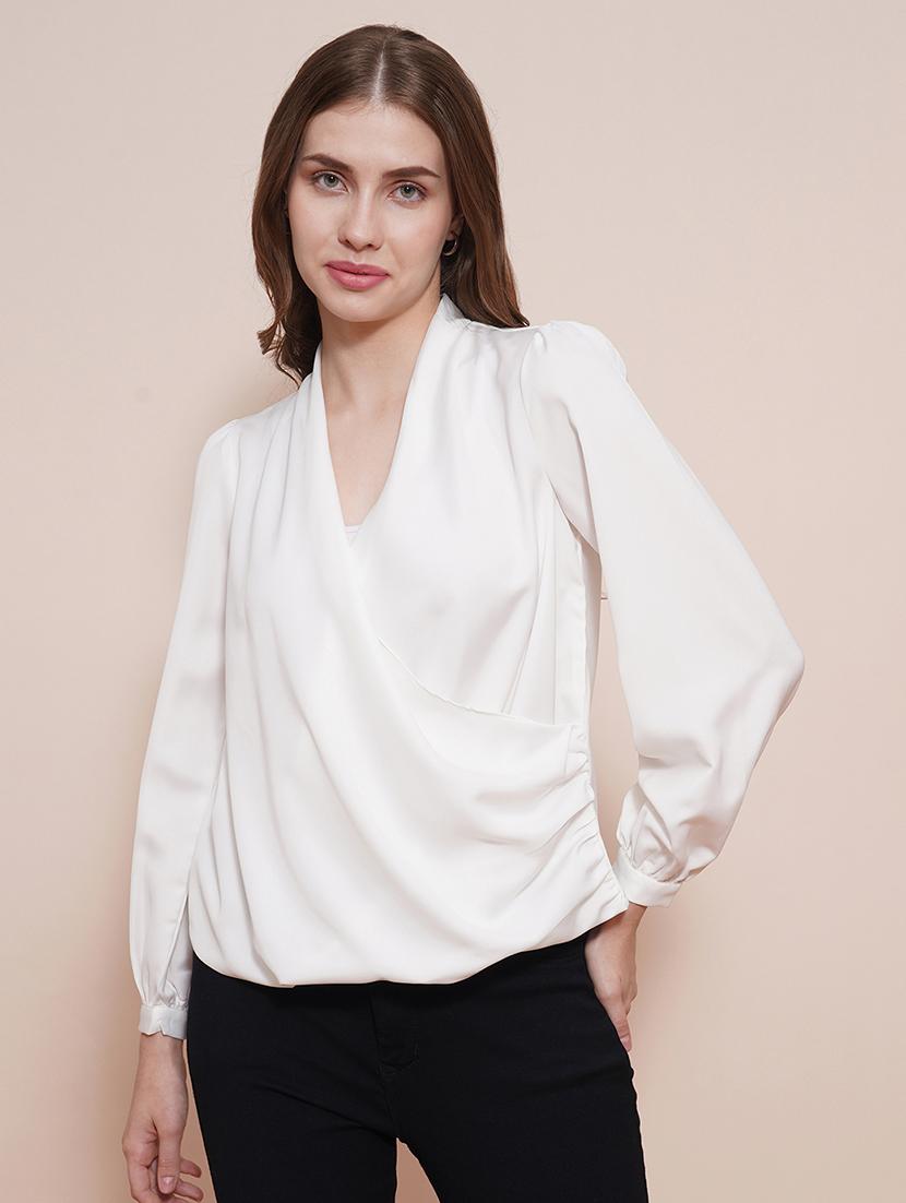 globus women white solid wrap neck cuffed sleeves gathered waist satin workwear top