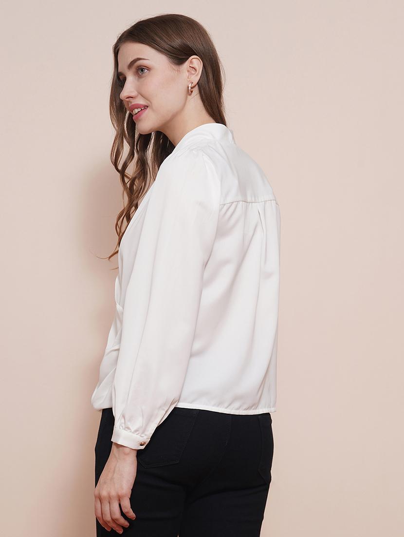 globus women white solid wrap neck cuffed sleeves gathered waist satin workwear top - 21540026 - Standard Image - 3