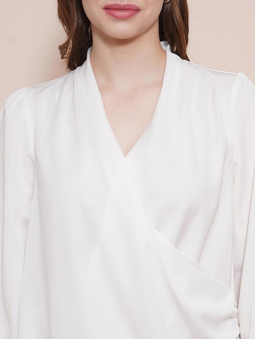 globus women white solid wrap neck cuffed sleeves gathered waist satin workwear top - 21540026 - Standard Image - 5
