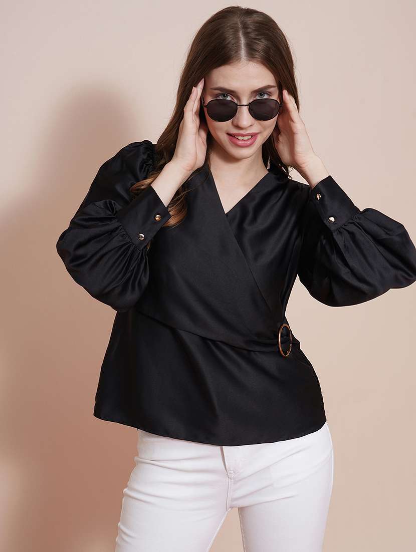globus women black wrap neck cuffed sleeves buckle detail satin workwear top - 21540027 -  Standard Image - 3