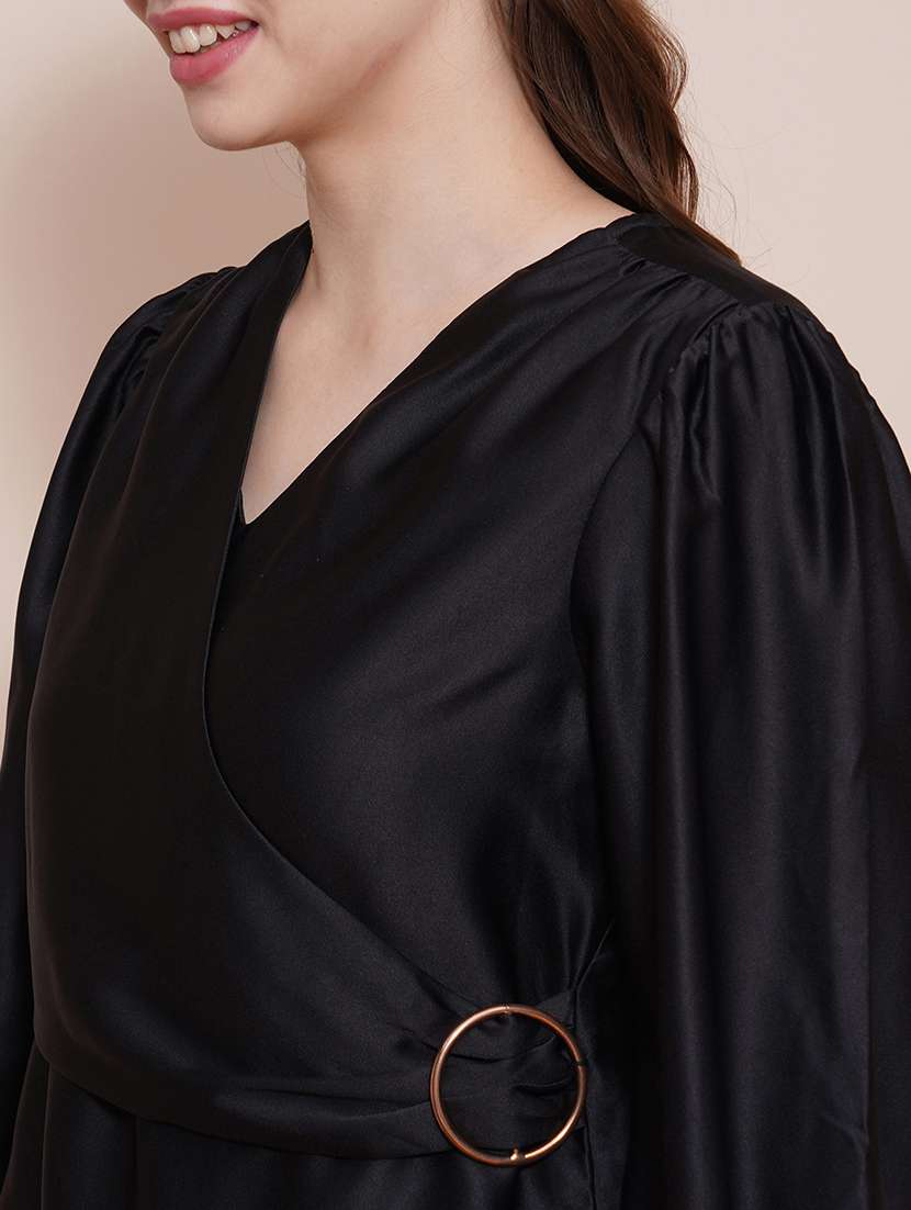 globus women black wrap neck cuffed sleeves buckle detail satin workwear top - 21540027 -  Standard Image - 5