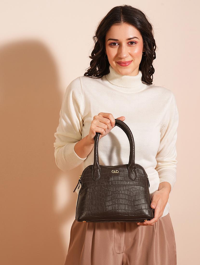 globus women brown vegan leather croc animal effect handheld bag with detachable strap - 21541614 - Standard Image - 5