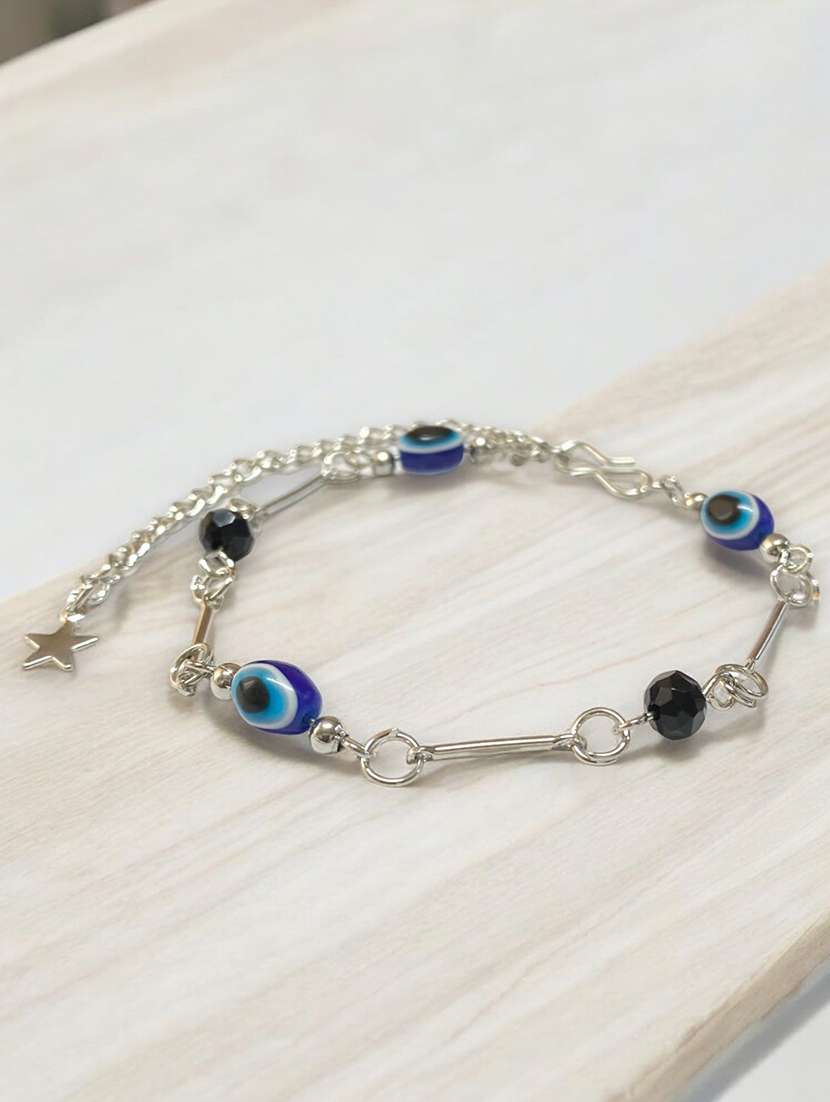 women silver evil eye beaded bracelet