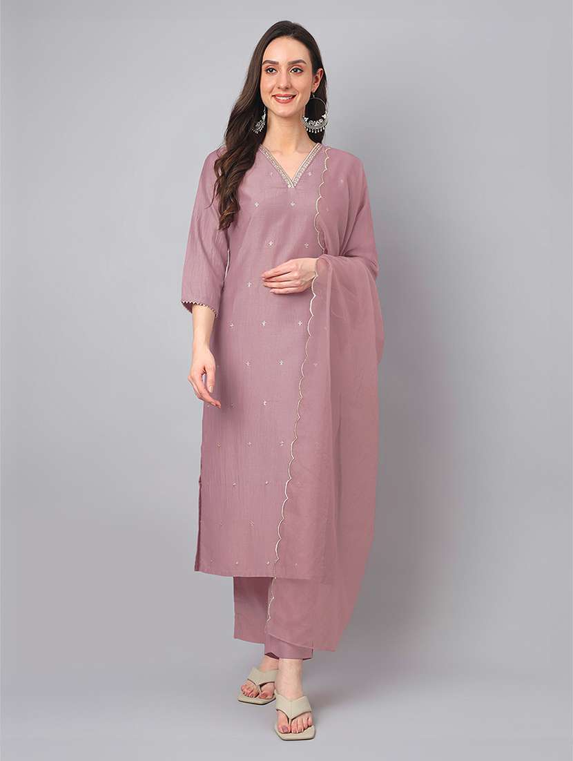 women v neck kurta pant set with dupatta
