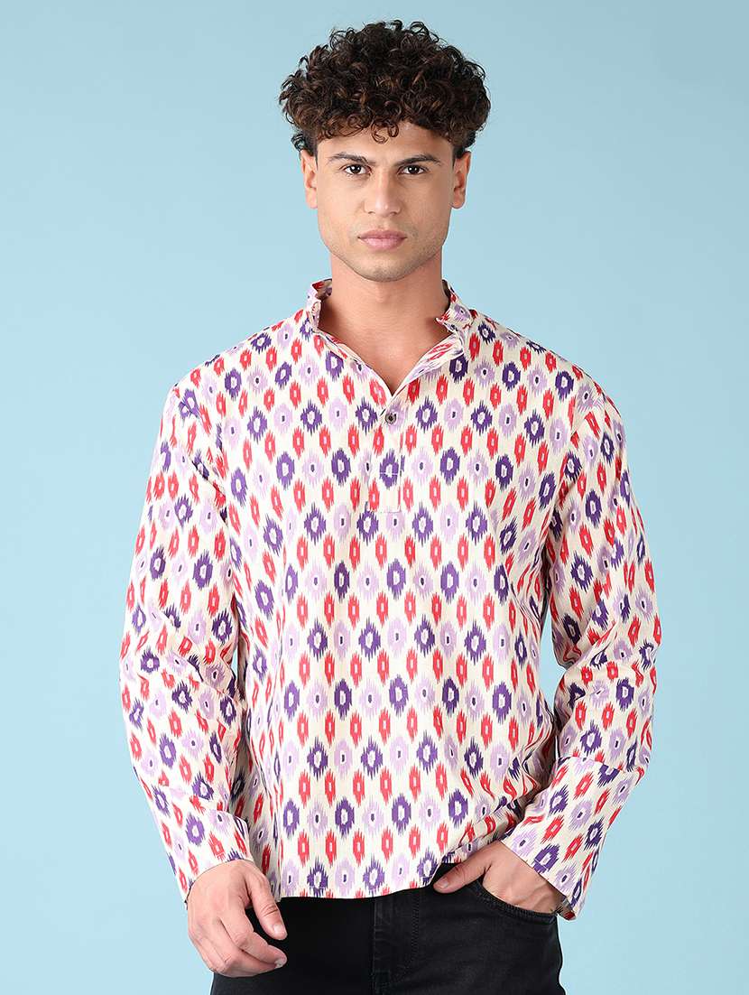 men mandarin neck printed short kurta