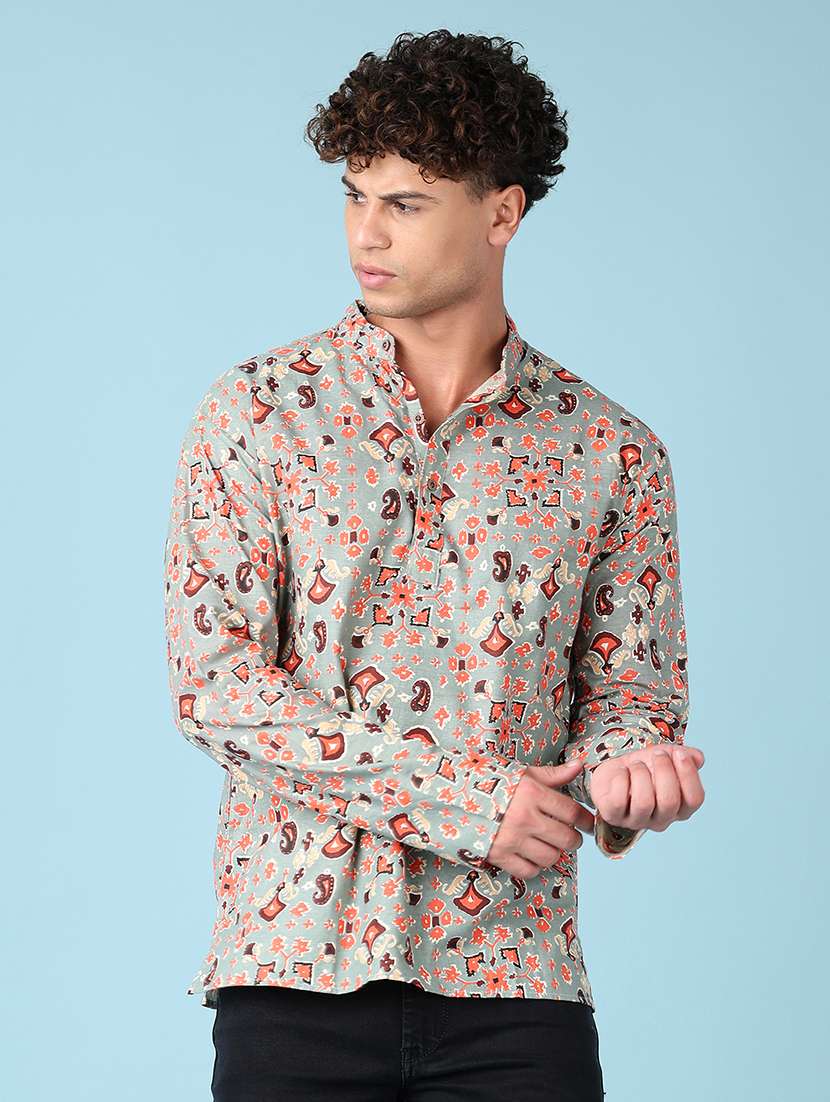 men mandarin neck printed short kurta