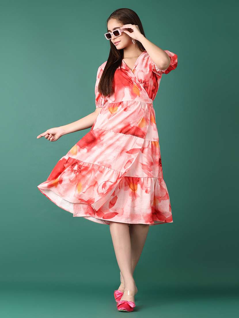 women printed puff sleeves wrap dress