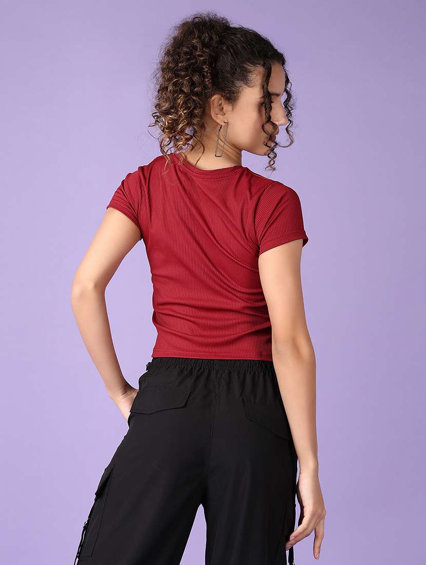 women maroon solid crop t-shirt - 21542655 -  Standard Image - 3