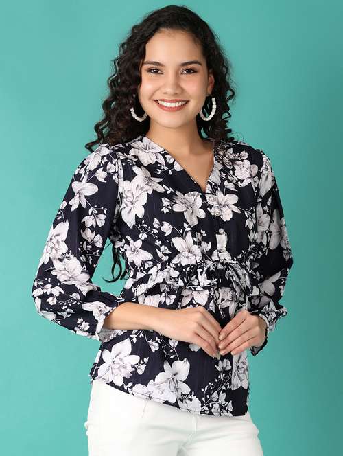 women navy blue floral v neck regular top - 21542904 -  Standard Image - 0