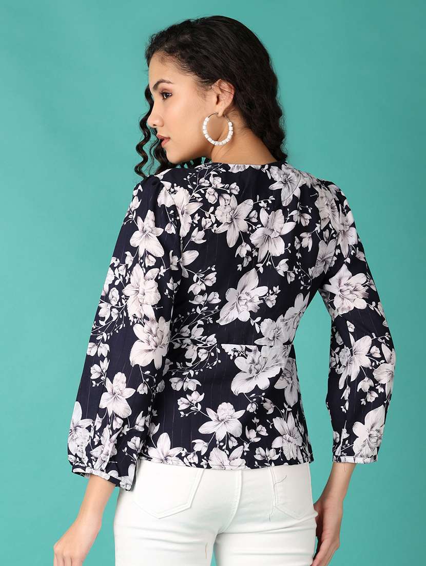 women navy blue floral v neck regular top - 21542904 - Standard Image - 3