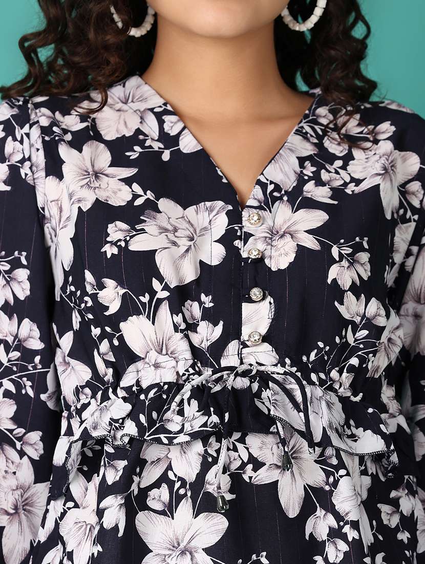 women navy blue floral v neck regular top - 21542904 - Standard Image - 5