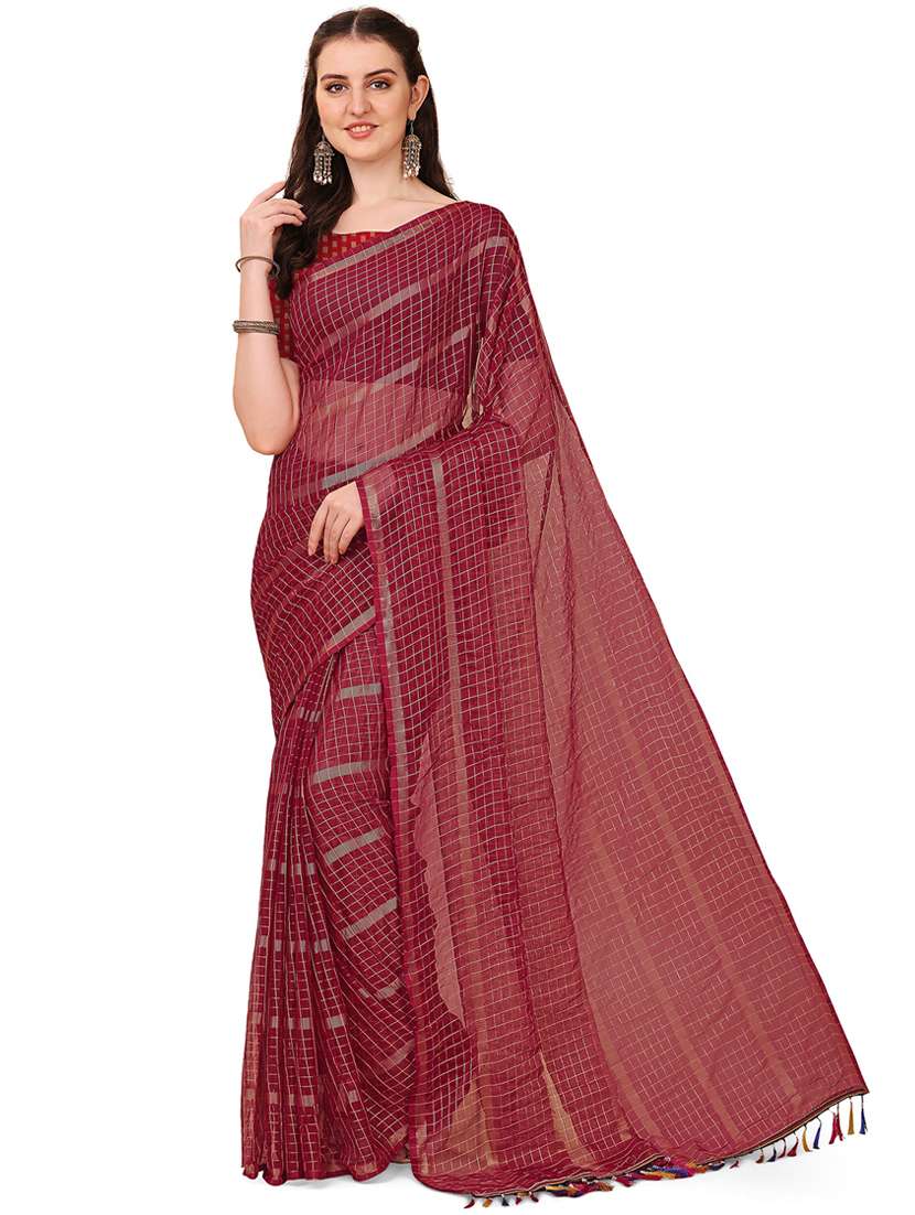 women maroon checks printed saree