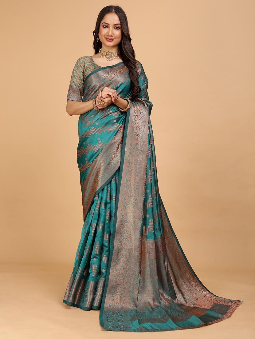 women teal self design bordered saree - 21543936 - Zoom Image - 0