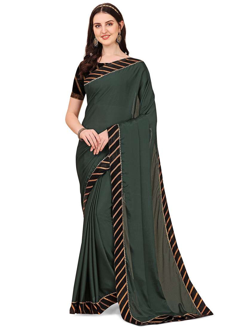 women bottle green solid lace work saree