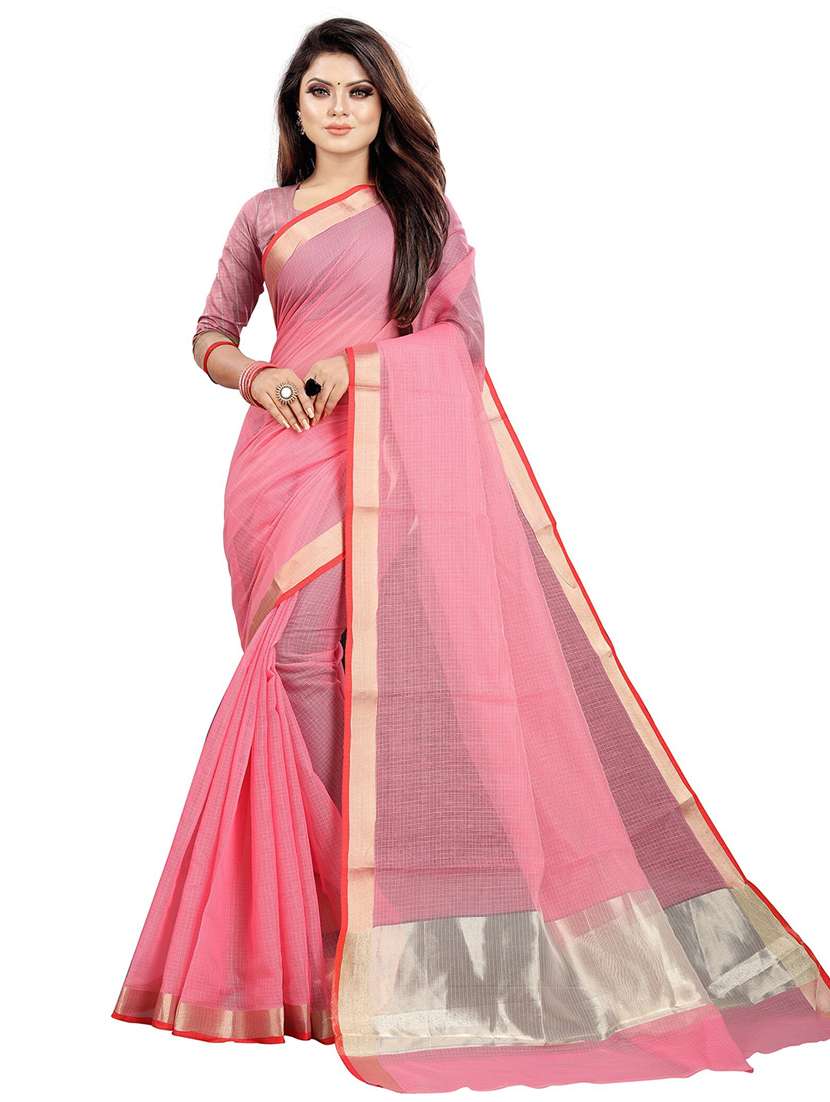 women pink solid bordered saree