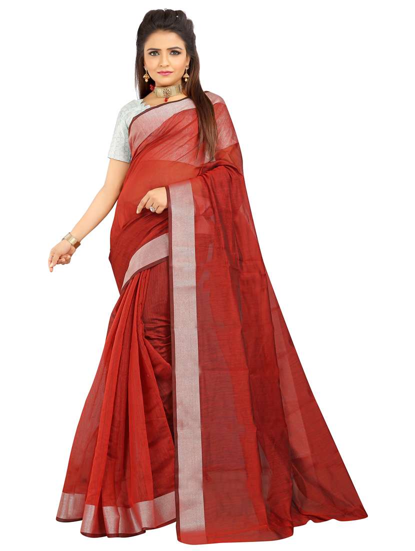 women red solid bordered saree