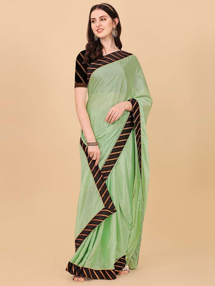 women neo mint solid lace work saree