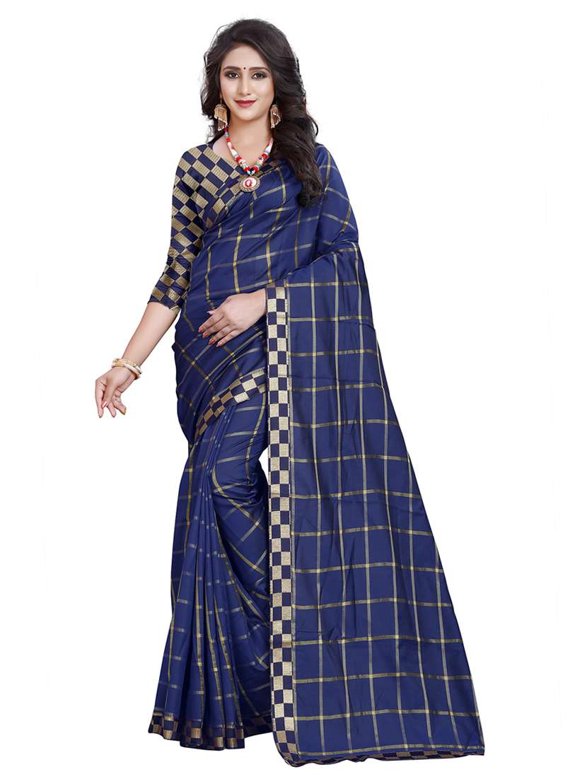 women blue checks lace work saree