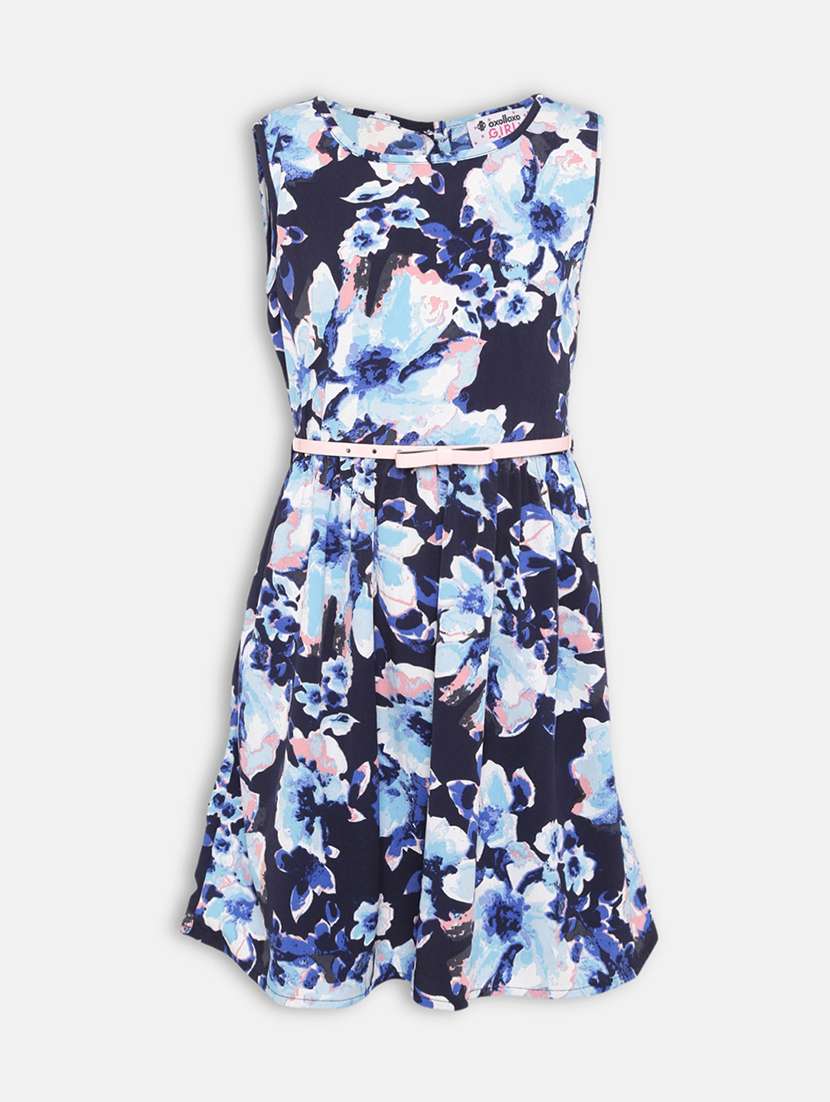 girls blue floral printed fit & flare dress - 21544639 - Zoom Image - 0