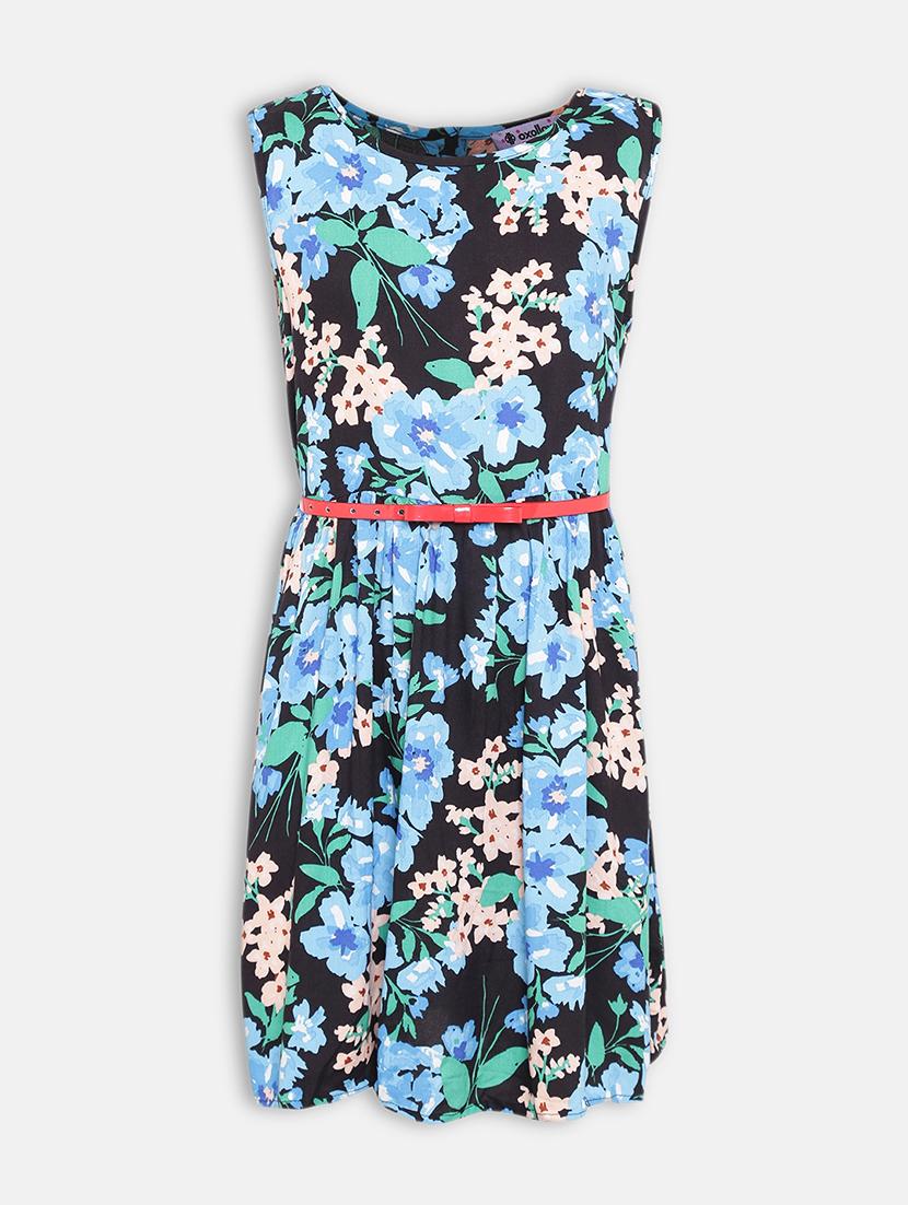girls turquoise floral printed fit & flare dress - 21544646 - Zoom Image - 0