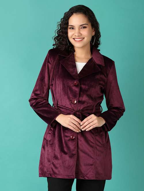 women purple solid full sleeve trench coat - 21544964 -  Standard Image - 0