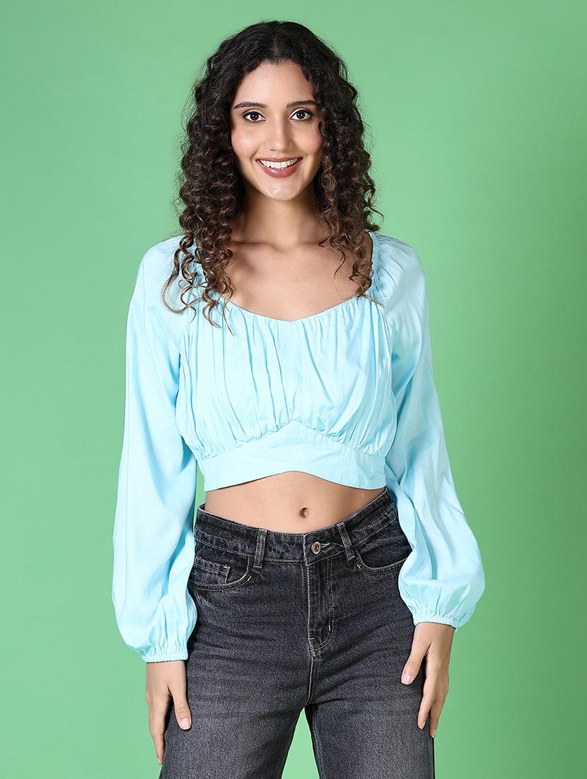 women solid long sleeve crop top