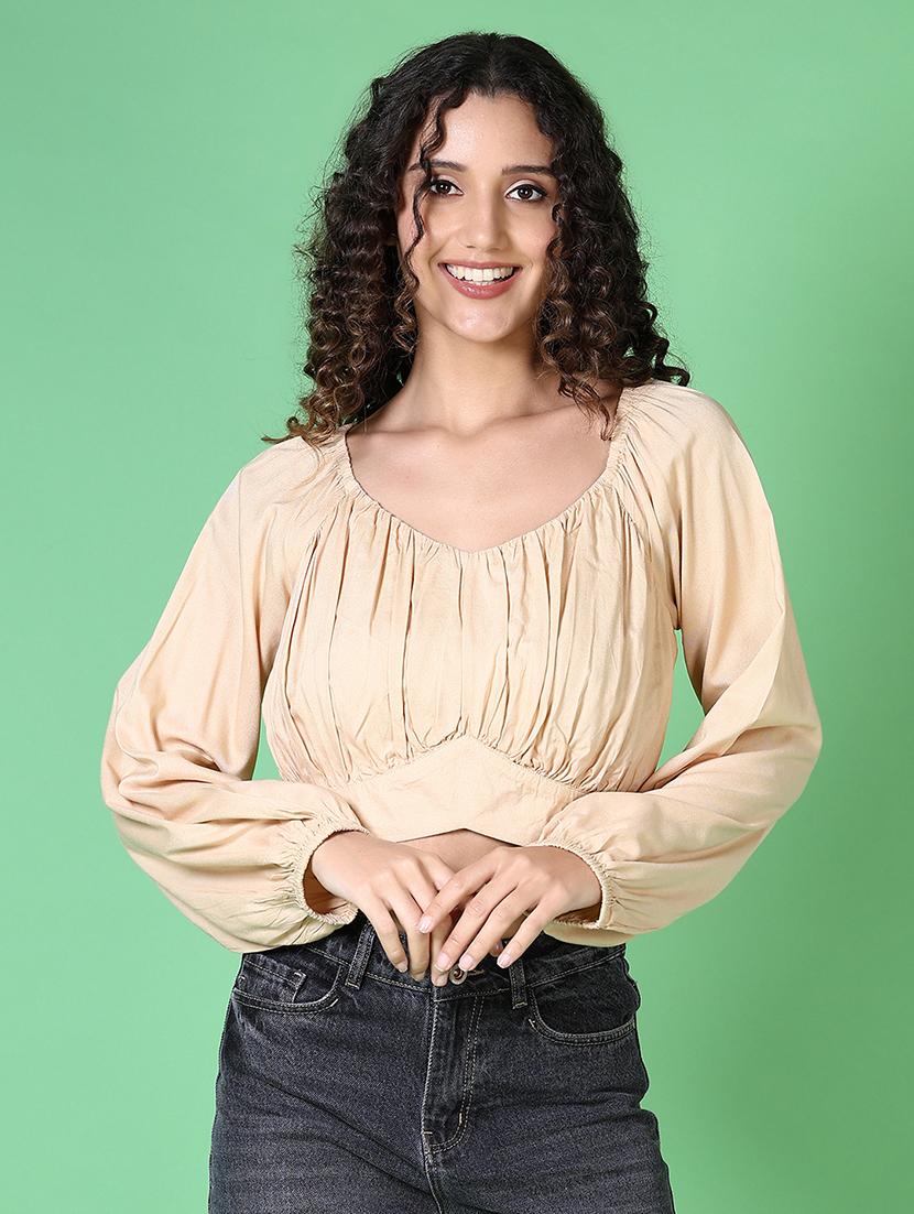 women solid long sleeve crop top - 21545063 -  Zoom Image - 0