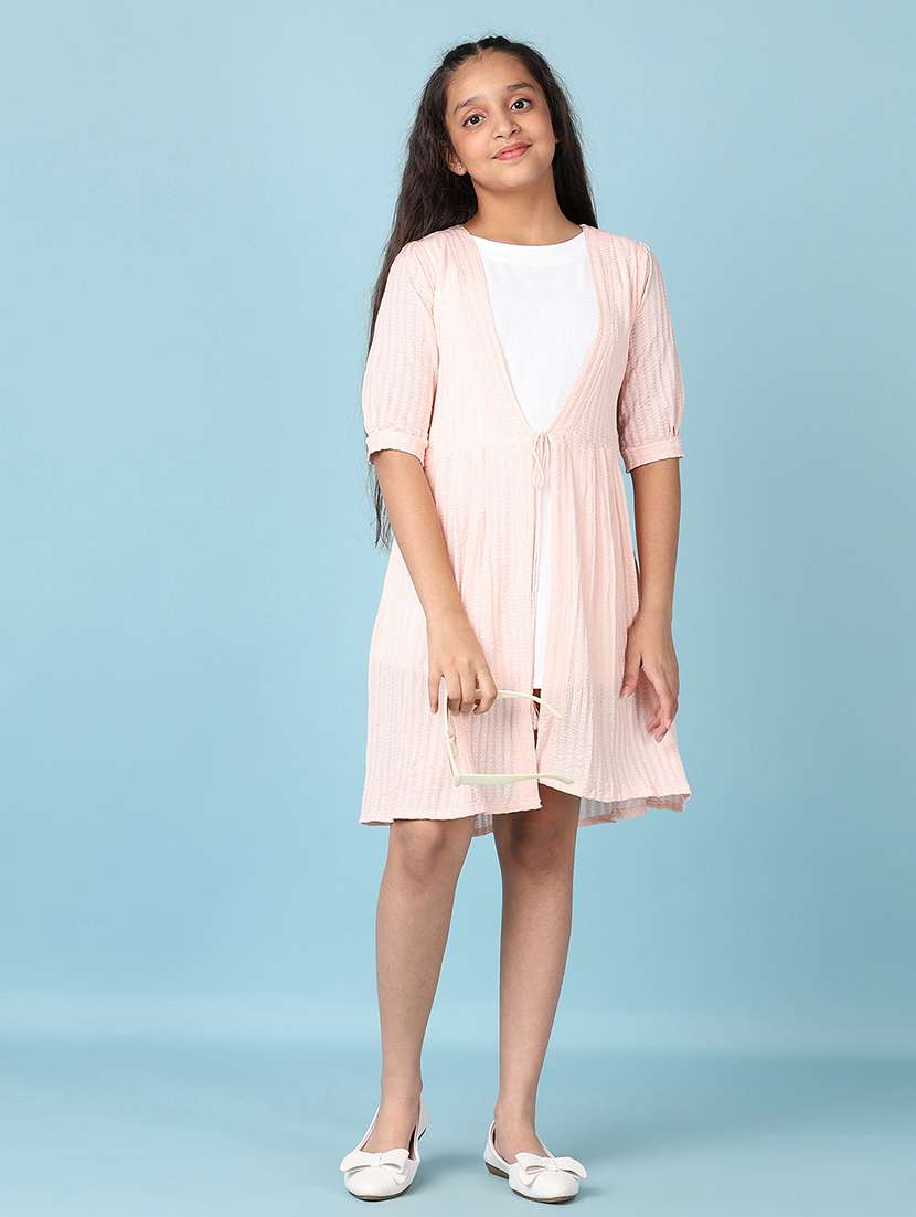 girls peach self design a-line dress