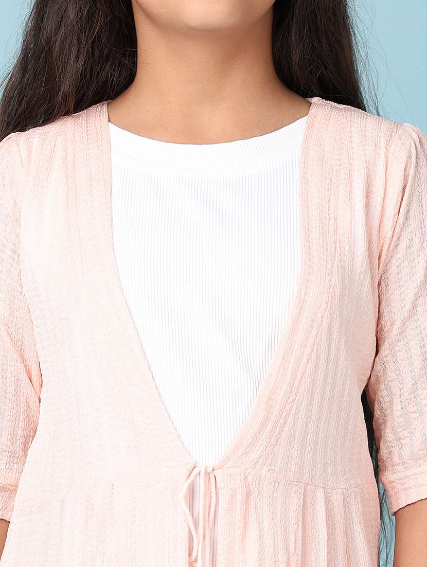 girls peach self design a-line dress - 21545076 -  Standard Image - 5