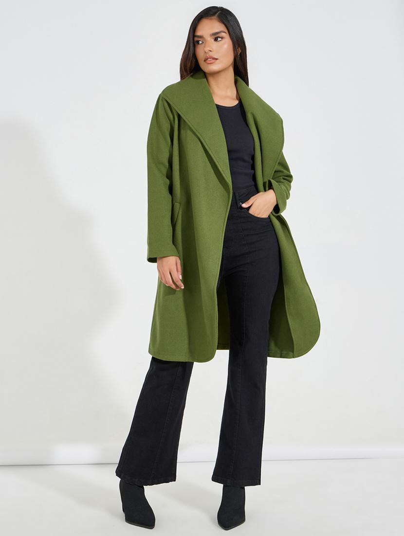 women olive solid trench coat - 21546979 - Standard Image - 3