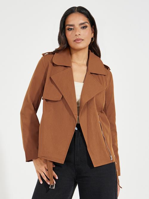 women brown solid biker jacket - 21547018 - Standard Image - 0