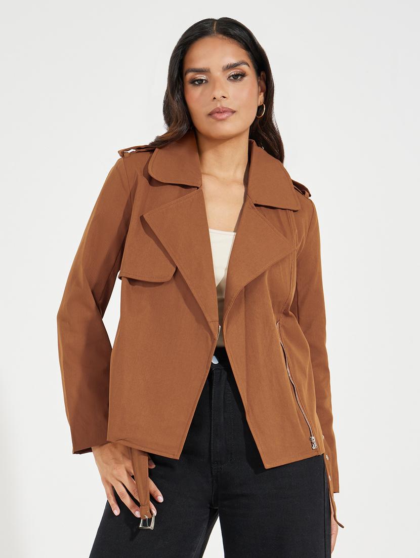 women brown solid biker jacket - 21547018 - Zoom Image - 0
