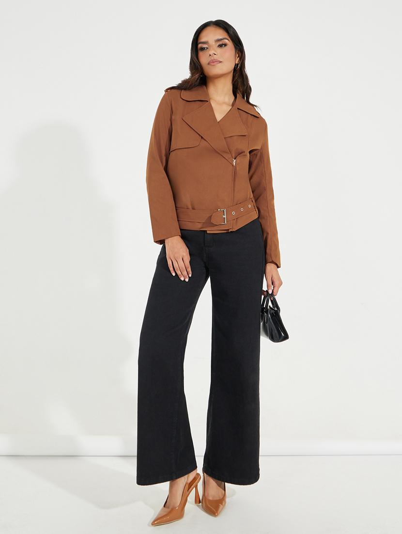 women brown solid biker jacket - 21547018 - Standard Image - 3