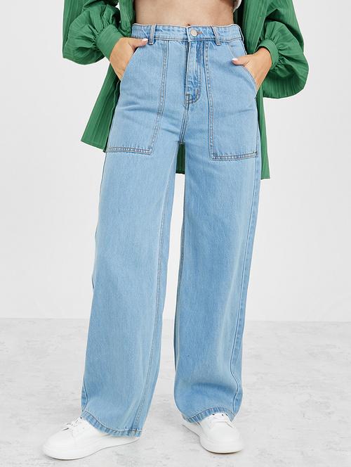 women blue plain wide leg jean - 21547040 - Standard Image - 0