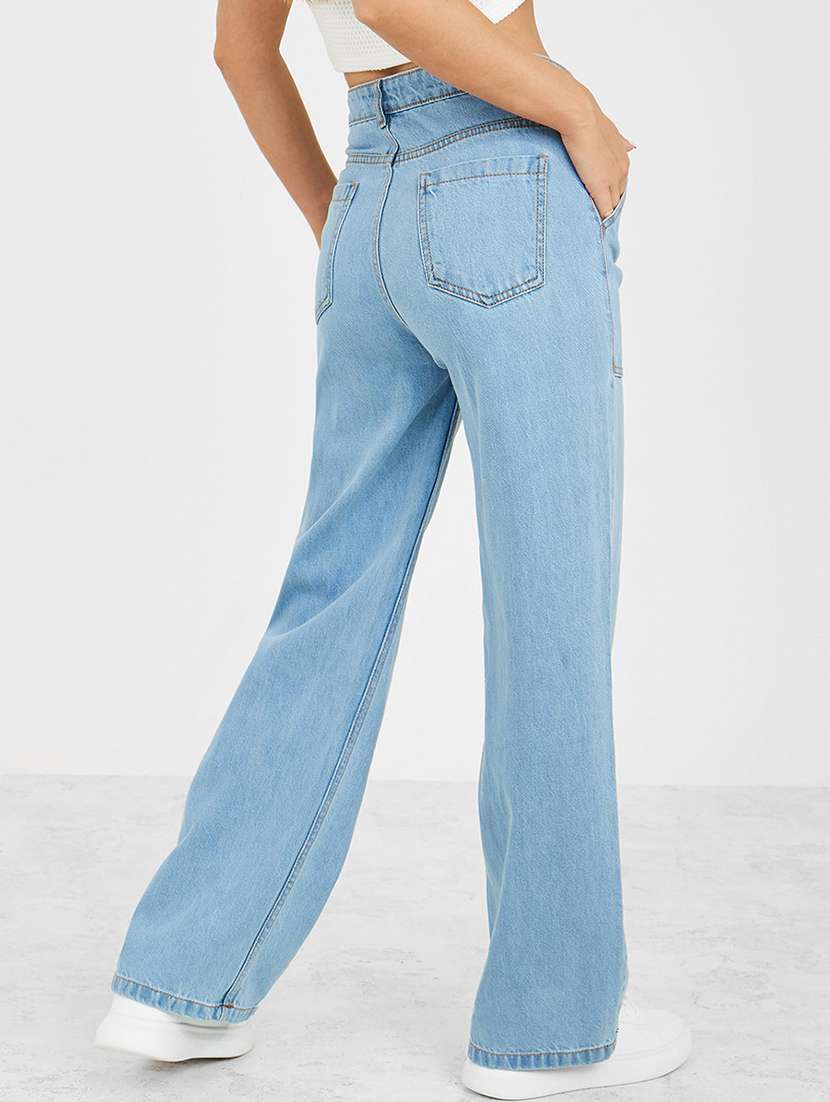 Women Blue Plain Wide Leg Jean