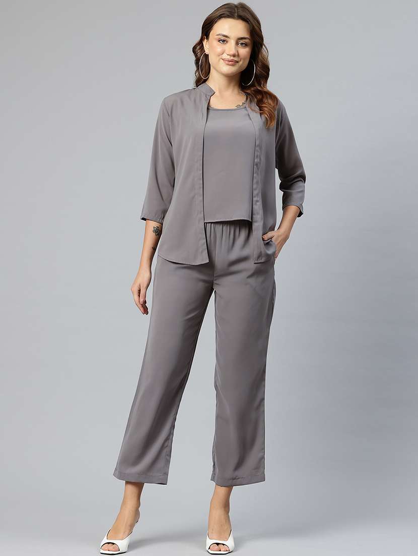 women grey solid jacket and trouser co-ord set
