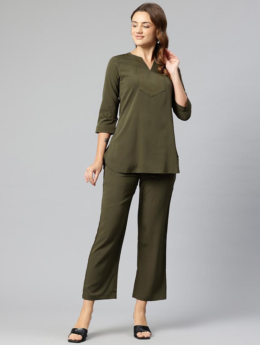 women olive solid top and trouser co-ord set - 21547539 - Standard Image - 3