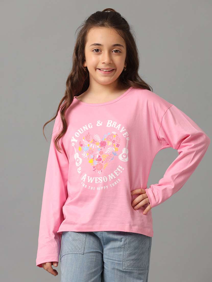 girls round neck graphic printed regular tee